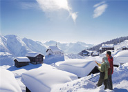 Bettmeralp (1950 m), car-free resort high above the Rhone valley in Canton Valais. In the background, the chapel Holy Mary of the Snow.