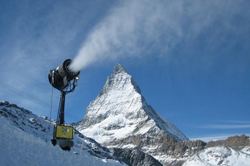 Snow from a snow gun at the Matterhorn.